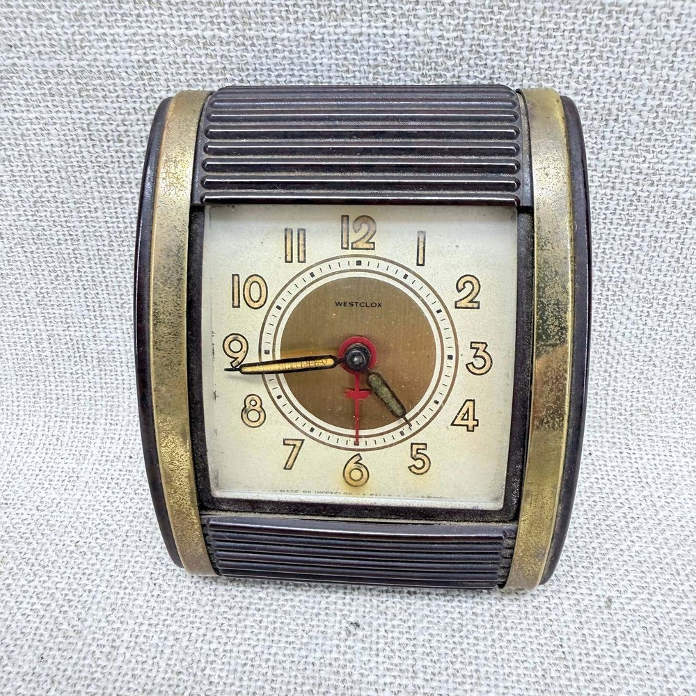 Vintage Westclox Travalarm Brown Bakelite Case Folding Travel Alarm Clock Works